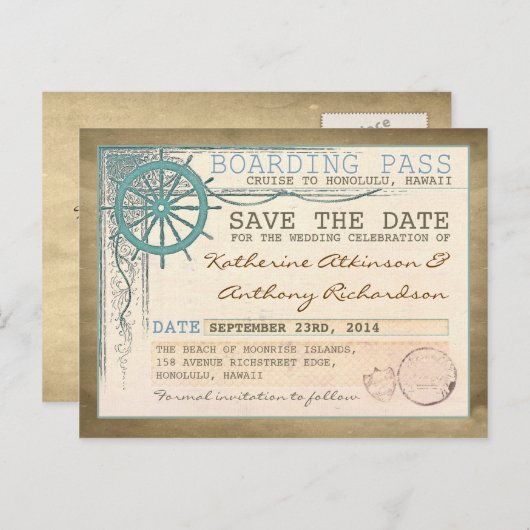 nautische save the date boarding pass-briefkaarten aankondigingskaart (Voorkant / Achterkant)