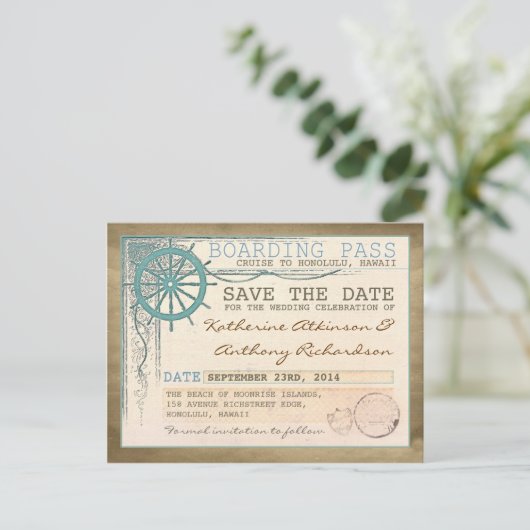 nautische save the date boarding pass-briefkaarten aankondigingskaart (Staand voorkant)