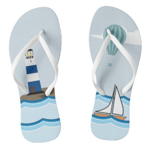 Nautische scène met vuurtoren en zeilboot teenslippers