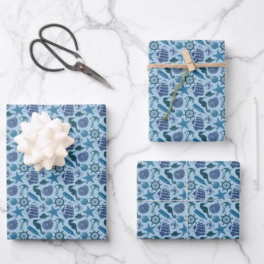 Nautische schaduwen van blauw patroon inpakpapier vel (Voorkant)