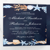 Nautische schelpen marineblauw fotocollage bruilof drieluik uitnodiging (Binnenzijde eerst)