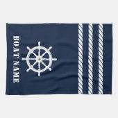 Nautische Schepen Wiel Helm Rope Uw Boot Naam Blau Theedoek (Horizontaal)