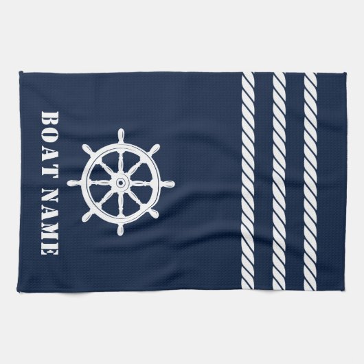 Nautische Schepen Wiel Helm Rope Uw Boot Naam Blau Theedoek (Horizontaal)