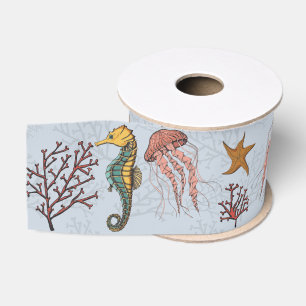 Nautische Seahorse Kwallen Zeesterren Koraal 3" Grosgrain Lint