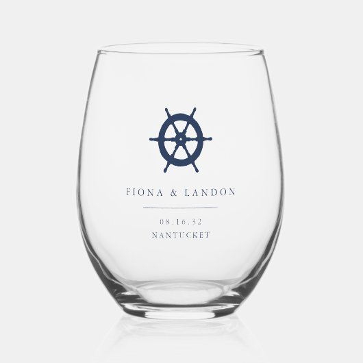 Nautische Ship's Wheel gepersonaliseerde bruiloft  Wijnglas Zonder Voet (Voorkant)