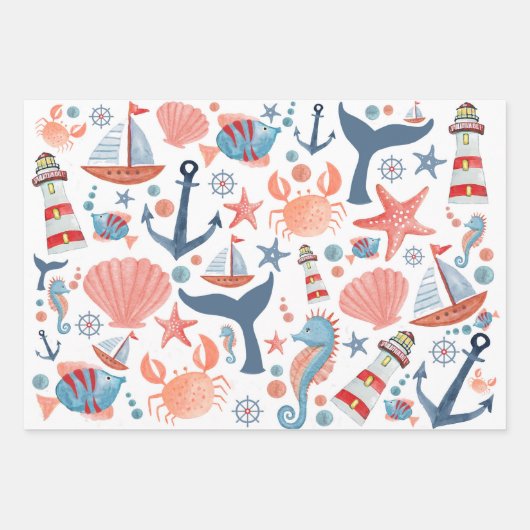 Nautische strand anker zee schelpen zeilboot patro inpakpapier vel (Voorkant)