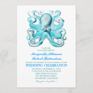 nautische strand huwelijksuitnodiging met octopus kaart