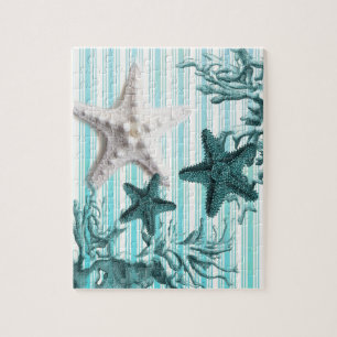 nautische strepen aqua schelpen blauwe zeester legpuzzel