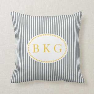 Nautische strepen Custom Monogram Grijsgeel Kussen