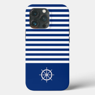 Nautische Strepen+Schepen Wiel Blauw+Wit iPhone 13 Pro Hoesje