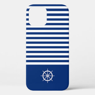 Nautische Strepen+Schepen Wiel Blauw+Wit iPhone 12 Hoesje