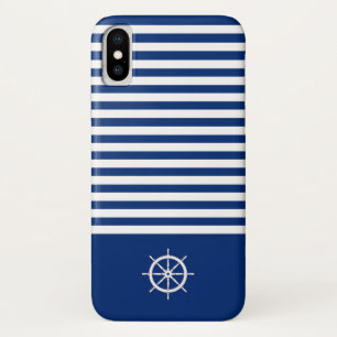 Nautische Strepen+Schepen Wiel Blauw+Wit iPhone X Hoesje