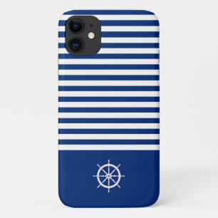 Nautische Strepen+Schepen Wiel Blauw+Wit iPhone 11 Hoesje