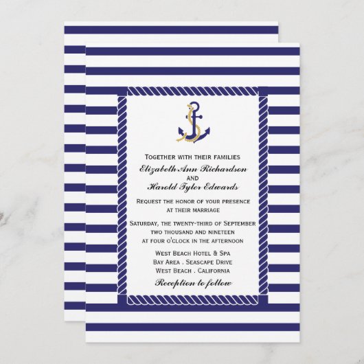 Nautische Stripe Wedding Kaart (Voorkant / Achterkant)