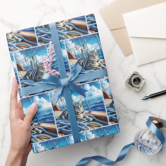 Nautische Tabby Kat Op Boot Touwen Cadeaupapier (Geschenken)