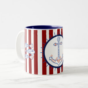 Nautische thema anker Vissen Zeilen Blauw Rood Wit Tweekleurige Koffiemok