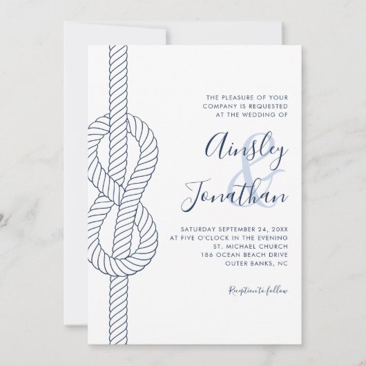 Nautische touw knoop Modern Script bruiloft Kaart (Voorkant)