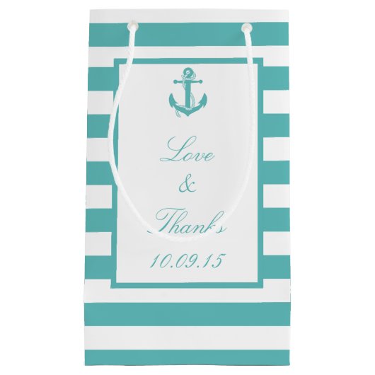 Nautische Turquoise Streep Anker Bruiloft Gift Bag Klein Cadeauzakje (Voorkant)