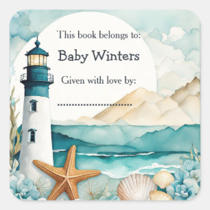 Nautische vuurtoren Baby shower Bookplate Vierkante Sticker