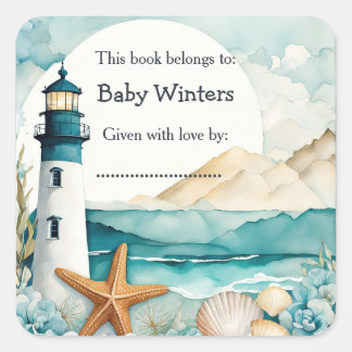 Nautische vuurtoren Baby shower Bookplate Vierkante Sticker