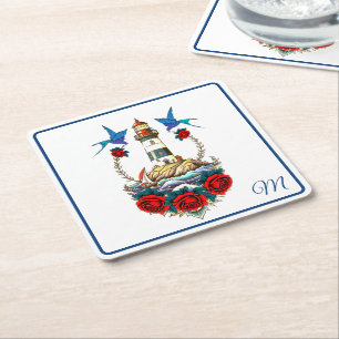 Nautische Vuurtoren Bloemen Rood Blauw Vierkante Kartonnen Onderzetter