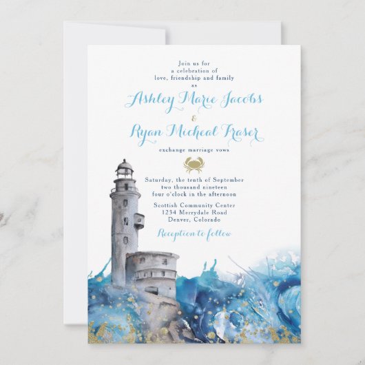 Nautische vuurtoren golven bruiloft uitnodiging (Voorkant)