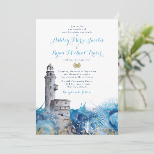 Nautische vuurtoren golven bruiloft uitnodiging (Staand voorkant)