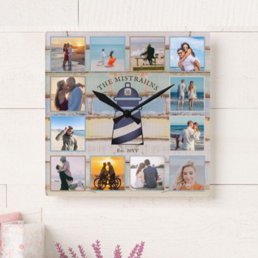 Nautische Vuurtoren  Hout 12-foto Collage Vierkante Klok
