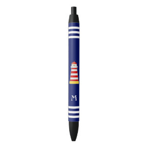 Nautische vuurtoren & monogram op blauwe achtergro zwarte inkt pen