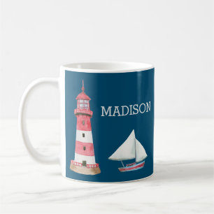 Nautische Vuurtoren Zeilboot Naam Rood Wit Blauw Koffiemok