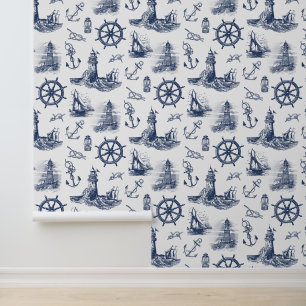 Nautische Vuurtorens Navy Blauw Wit Behang