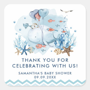 Nautische walvis onder het Zee Blue Boy Baby showe Vierkante Sticker