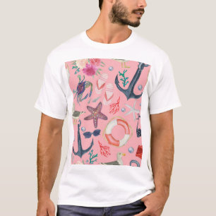 Nautische Waterverf Anker Zeesterren Patroon T-shirt