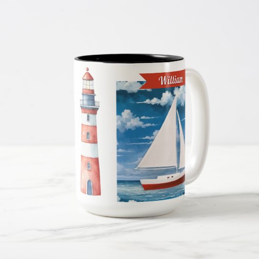 Nautische Waterverf Ocean Sailboat gepersonaliseer Tweekleurige Koffiemok (Voorkant rechts)