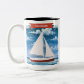 Nautische Waterverf Ocean Sailboat gepersonaliseer Tweekleurige Koffiemok (Links)