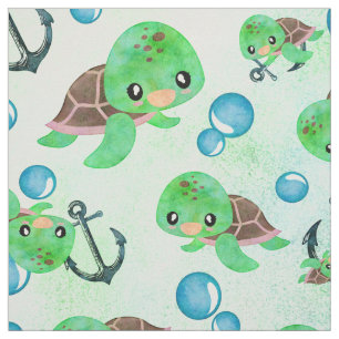 Nautische Waterverf Zee Schildpad Ankers & Bubbels Stof