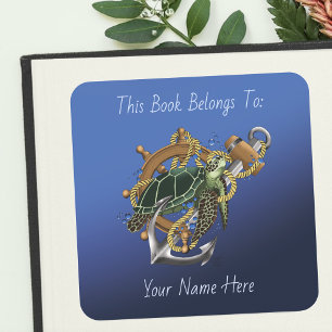 Nautische Zee Schildpad Anker Scheepswiel Blauw Vierkante Sticker