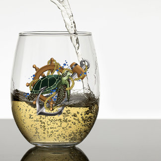 Nautische Zee Schildpad Anker Scheepswiel Blauw Wijnglas Zonder Voet
