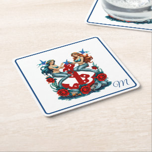 Nautische Zeemeermin Bloemen Rood Blauw Vierkante Kartonnen Onderzetter