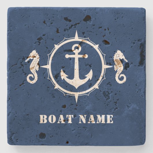 Nautische zeepaardanker met uw bootnaam stenen onderzetter (Voorkant)