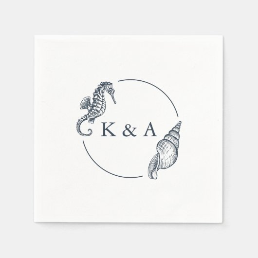 Nautische zeepaardje & Zee Shell bruiloft Monogram Servet (Voorkant)