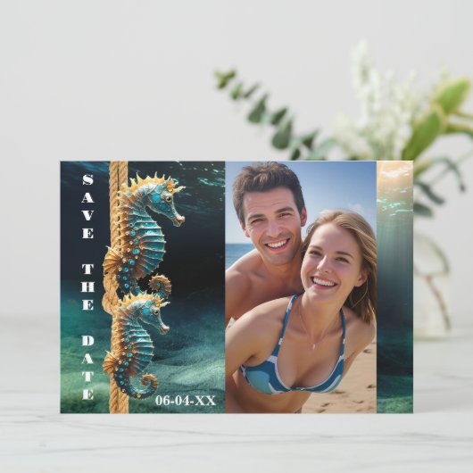 Nautische Zeepaardjes Ocean Photo Save the Date Aankondiging (Staand voorkant)