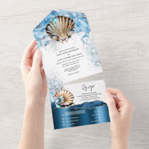 Nautische zeeschelpen oceaangolven blauw wit goud all in one uitnodiging