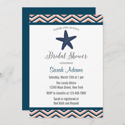 Nautische Zeester Chevron Bruids Douche Uitnodigin Kaart (Voorkant / Achterkant)
