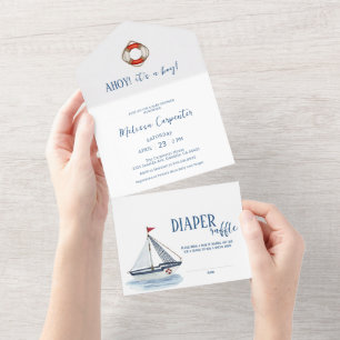 Nautische zeilboot Ahoy het is een Boy Baby shower All In One Uitnodiging