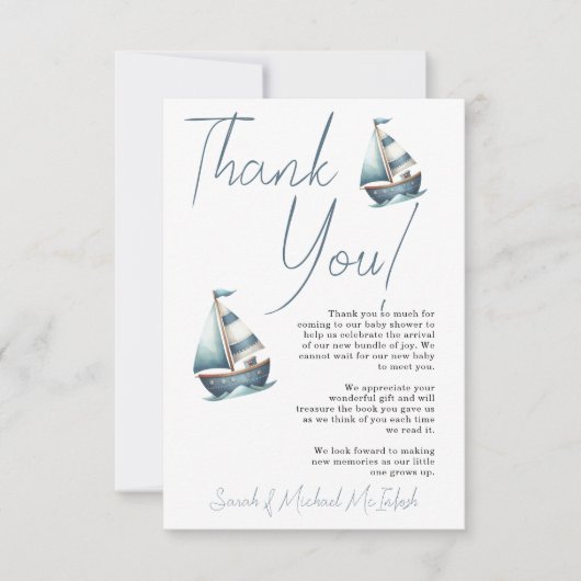 Nautische zeilboot Baby shower dank u kaart (Voorkant)