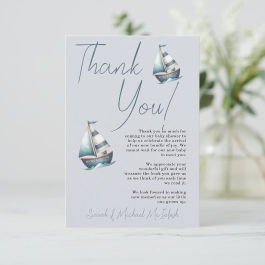 Nautische zeilboot Baby shower dank u kaart (Staand voorkant)