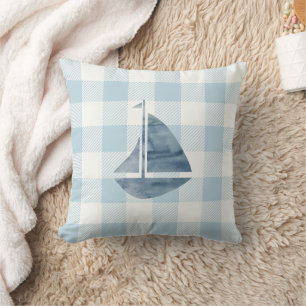 Nautische zeilboot Blue Gingham Check Kussen