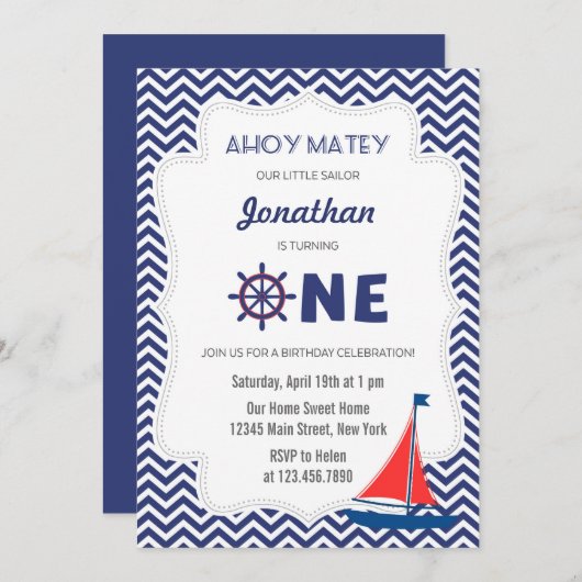 nautische zeilboot eerste verjaardag uitnodiging (Voorkant / Achterkant)