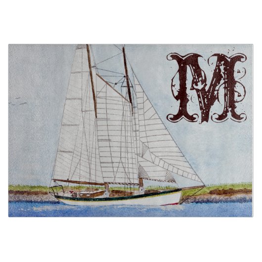 Nautische zeilboot Monogram Glas Snijplank (Voorkant)